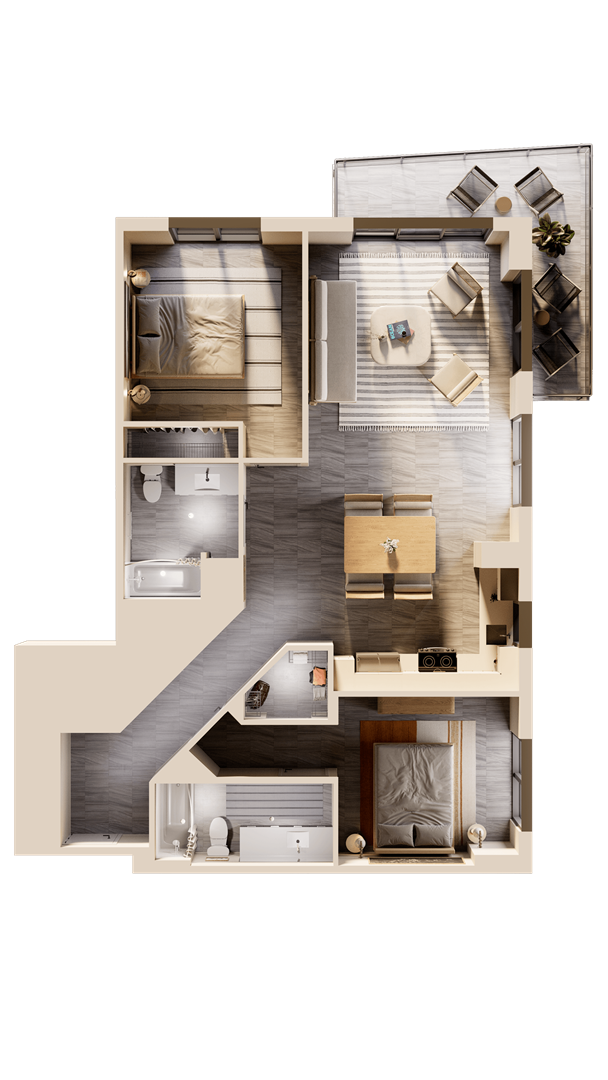 A top-down view of a house layout with a living room